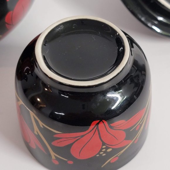 Black Teapot and Cup Set Red Flower Design Asian Missing Handle - Picture 9 of 14